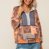 Warm Mocha Denim Bandana Patchwork Hooded Pullover