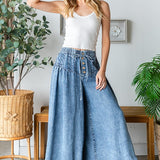 Denim Pleated Pinktuck Wide Leg Pant