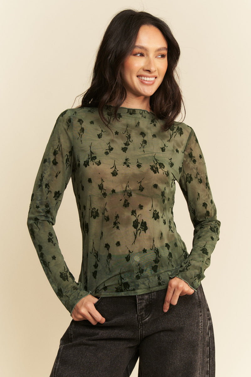 Olive Velvet Floral Burnout Mesh