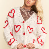 Red Puff Knit Heart Woven Cardigan
