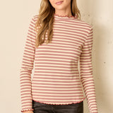 Mini Stripe Flutter Hem Mock Neck Long Sleeve