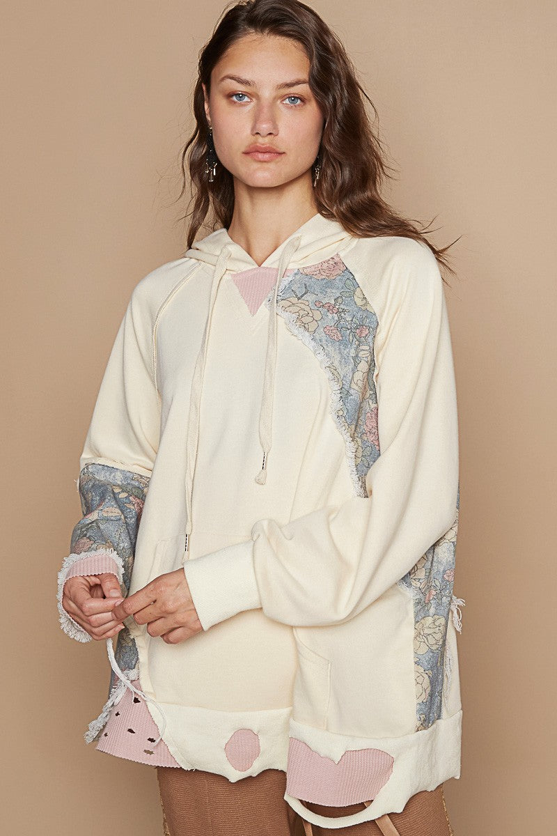 Vanilla Cream Floral Print Distressed Hoodie