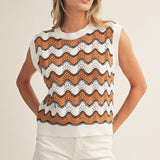 White + Taupe Wavy Crochet Sweater Tank