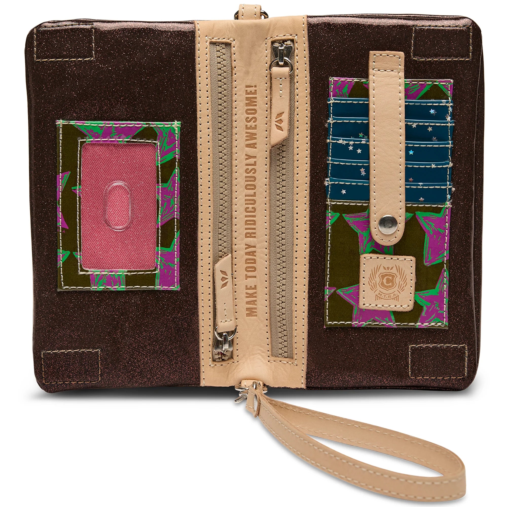 Chocolate-toned glitter Consuela wallet with two zippered compartments, an exterior pocket, six card slots, and an ID window with double magnetic closure,  included adjustable woven strap for crossbody carry or a detachable wristlet