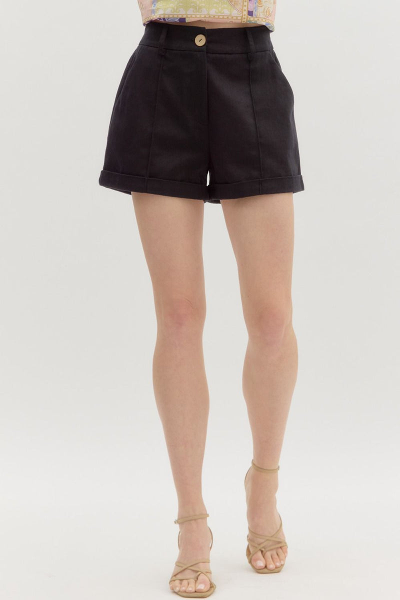 Black Pleated Roll Cuff Shorts