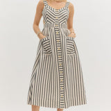 Brown Mix Stripe Button Up Midi Dress