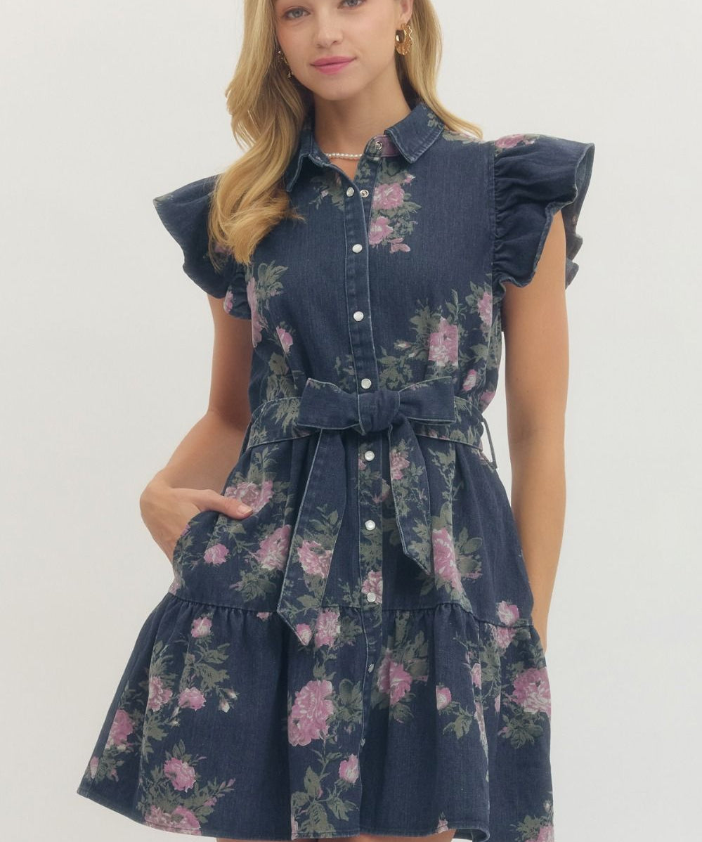 entro denim dress Dara Flutter Floral Denim Dress – The Red Raccoon