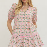 Pink Elegant Botanical Print Dress with Trin