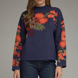 Navy Boho Floral Mock Neck Sweater