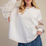 Ecru Stripe Floral Mix Print Balloon Sleeve Top