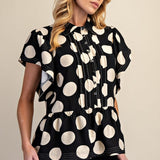 Black Polka Dot Button Ruffle Blouse