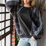 Washed Grey Plaid Side Dolman Crew