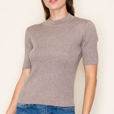 Lurex Yarn Mock Neck Short Sleeve Sweater