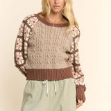Mocha Cable Knit Green Granny Flower Crochet Sweater
