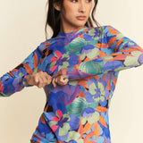 Blue Orange Flower Printed Sheer Mesh