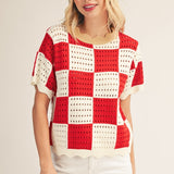 Crochet Red Checker Sweater Blouse