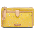 Consuela slim wallet in bright yellow with silver stars throughout and a white interior.