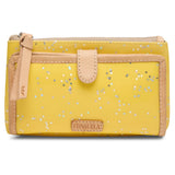 Consuela slim wallet in bright yellow with silver stars throughout and a white interior.