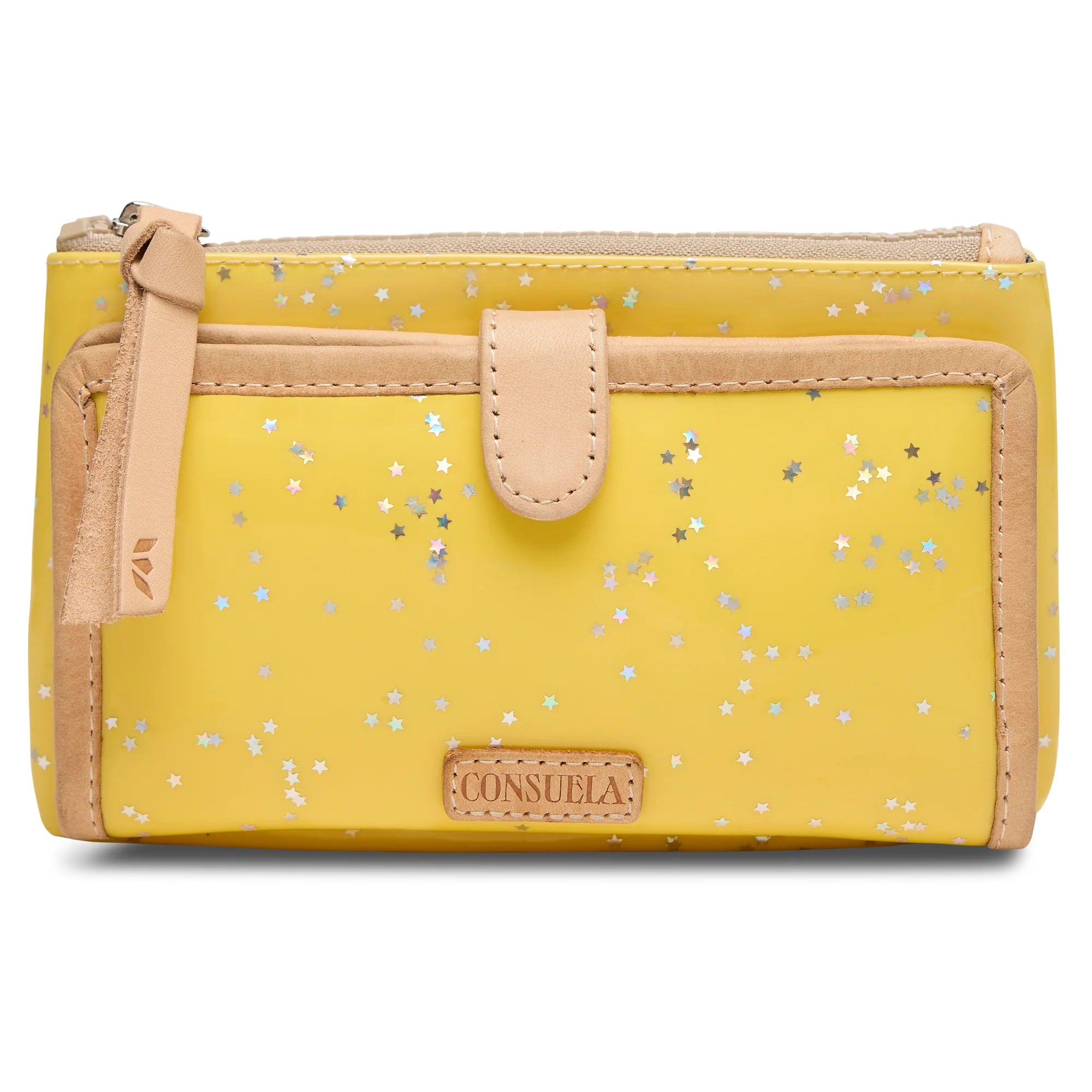Consuela slim wallet in bright yellow with silver stars throughout and a white interior.