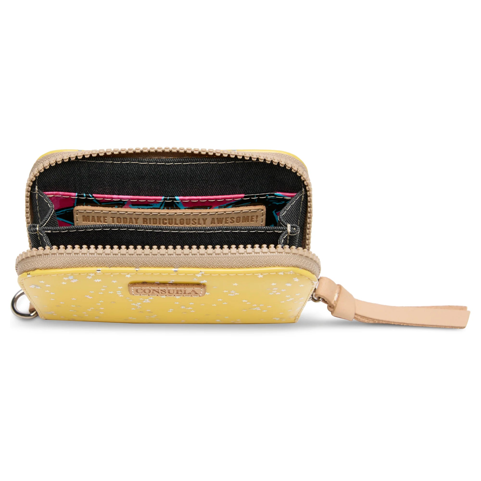 Consuela small wallet in bright yellow Consuela cloth with silver stars throughout and zipper closure.