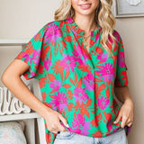 Teal + Fuchsia Multi Flower Ruffle Split Neck Dolman