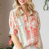 Sage Mix Ikat Smock Cuff Blouse