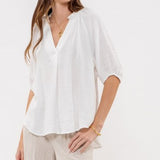White Linen Like V Neck Blouse with Elastic Sleeve
