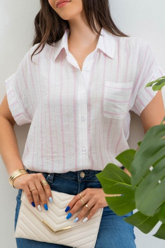 Pink & White Stripe Short Sleeve Button Up Shirt