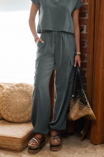 Dusty Teal High Waist Drawstring Cargo Pant