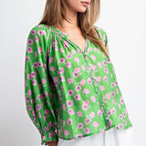 Lime Floral Printed Chiffon Button Front Blouse