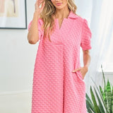 Pink Puff Texture Split Collar Dress