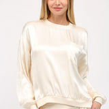 Cream Contrast Rib Round Neck Satin Top