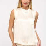 Cream Satin Tank with Rib Hem