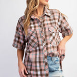 Blush Plaid Button Down Mineral Wash Shirt
