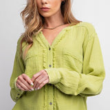Lime Mineral Wash Cotton Gauze Button Up