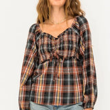 Olive + Brick Tie Front Plaid Blouse