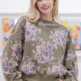 Olive Vintage Floral Crew Pullover