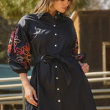 Black Embroidered Puff Sleeve Button Up Dress