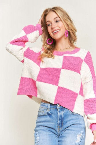 Pink + White Check It Comfy Sweater Top