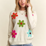 Beige Floral Embroider Patch Soft Sweater