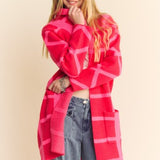 Pink + Red Bold Checker Open Midi Cardi Coat