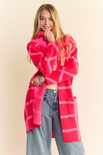 Pink + Red Bold Checker Open Midi Cardi Coat