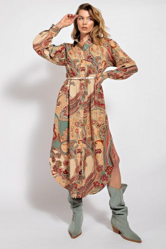 Sand Paisley Print Button Front Dress