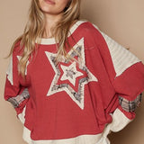 Burgundy Star Patch Mom Crop Long Sleeve