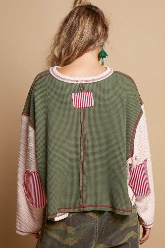 Olive + Pink Mix Contrast Sleeve Stripe Patch Pullover