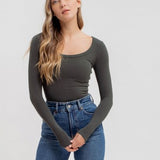 Solid Scoop Neck Long Sleeve Knit Top