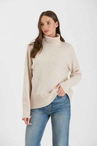 Oatmeal Turtleneck Front Seam Oversize Sweater