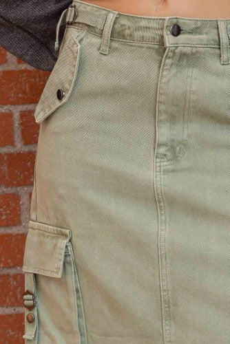Olive Cargo Denim Back Slit Skirt
