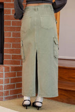Olive Cargo Denim Back Slit Skirt