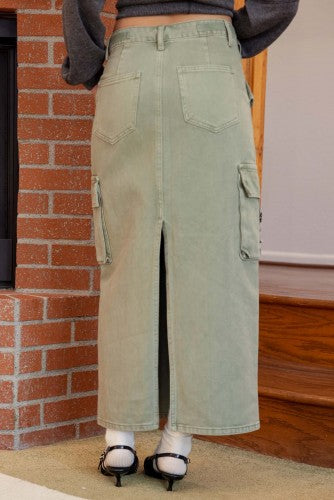 Olive Cargo Denim Back Slit Skirt